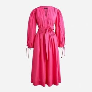 NWT J. Crew L Hot Pink Tie Waist V-neck Midi Dress Pockets Long Sleeve BK978